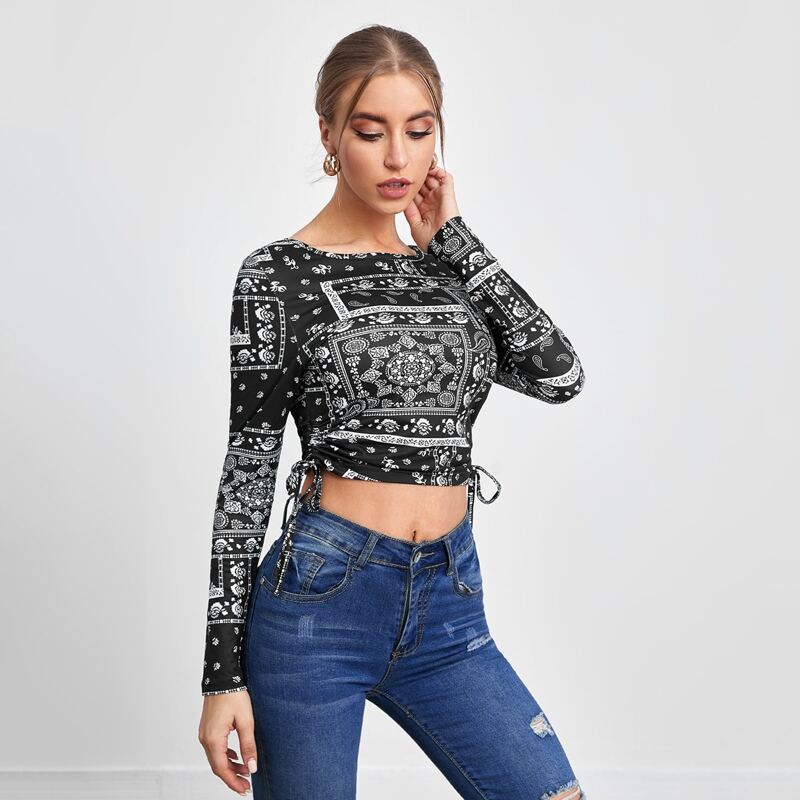 

Allover Print Drawstring Side Crop Fitted Tee, Black and white