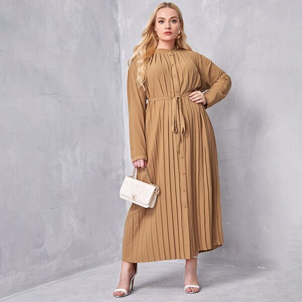 

Plus Single Breasted Pleated Belted Dress, Khaki