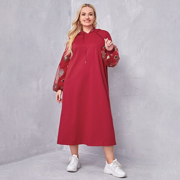 

Plus Geo Embroidered Mesh Sleeve Hooded Dress, Burgundy