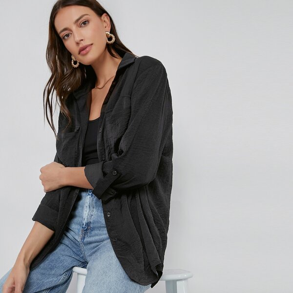 

Roll Tab Sleeve Flap Pocket Silky Blouse, Black