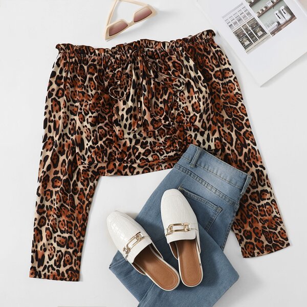 

Plus Leopard Frill Knot Crop Bardot Top, Multicolor