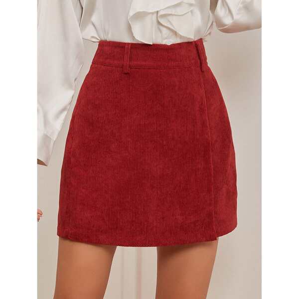 

High Waist Wrap Corduroy Skirt, Burgundy