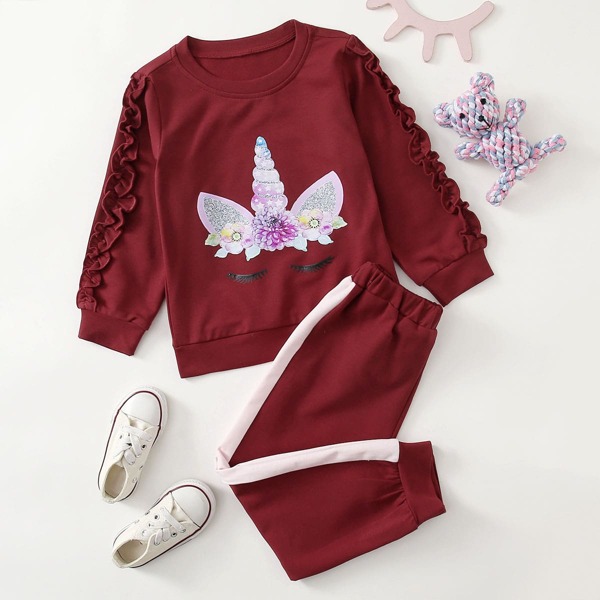

Toddler Girls Cartoon Graphic Frill Trim Sweatshirt With Sweatpants, Burgundy