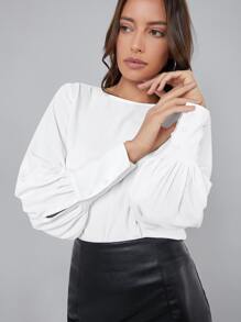 SHEIN BIZwear 燈籠袖素色上衣工作服 - 白色 - 查看 4
