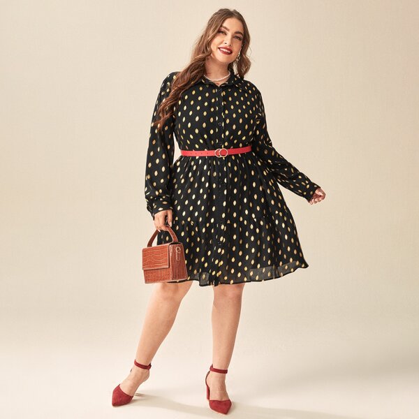 

Plus Polka Dot Ruffle Hem Shirt Dress Without Belt, Black