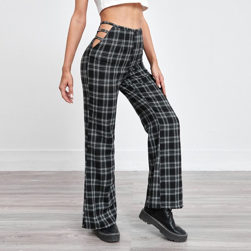 

Plaid Cut Out Flare Leg Pants, Black