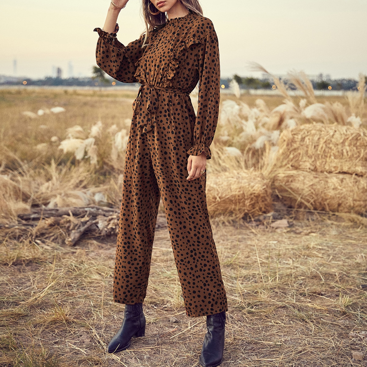 Image of Allover Print Ruffle Trim Belted Jumpsuit