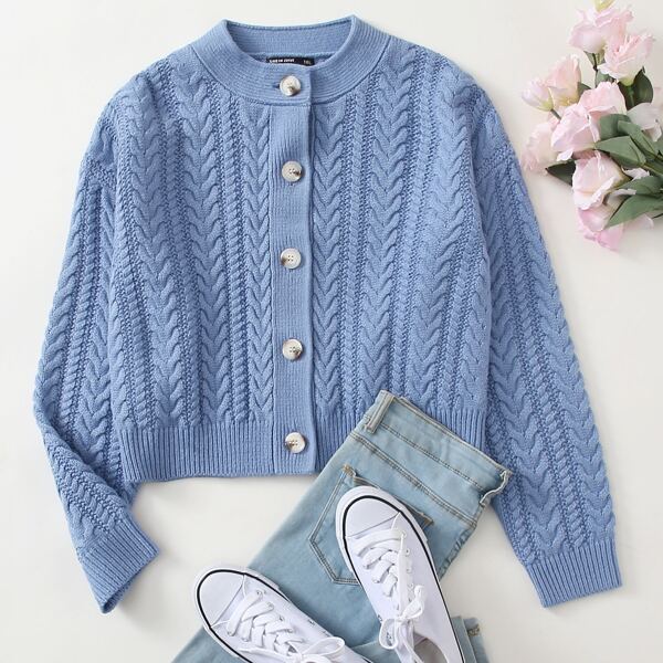 

Plus Single Breasted Cable Knit Cardigan, Blue