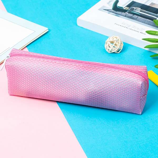 

1pc Grid Pattern Pencil Case, Pink