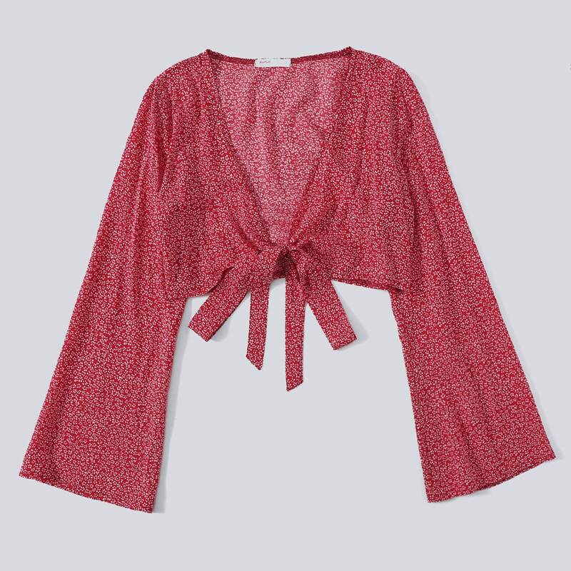 

Ditsy Floral Self Tie Crop Top, Red