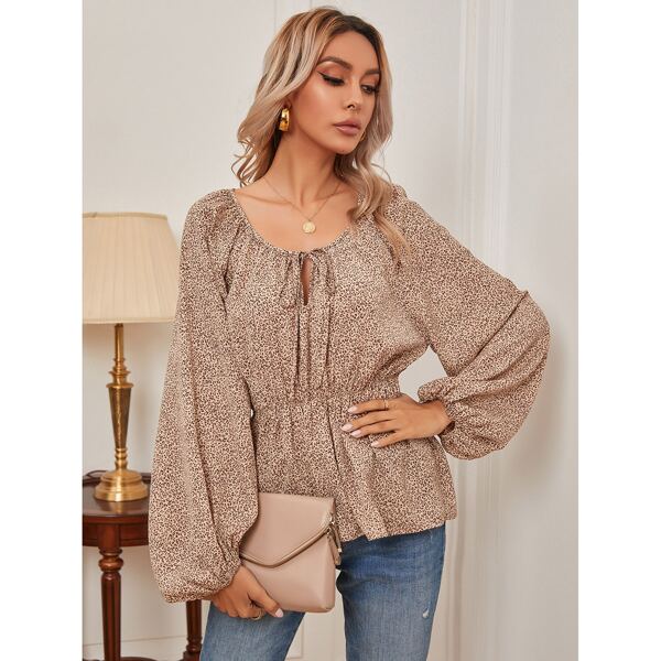 

Leopard Print Tie Neck Bishop Sleeve Blouse, Apricot