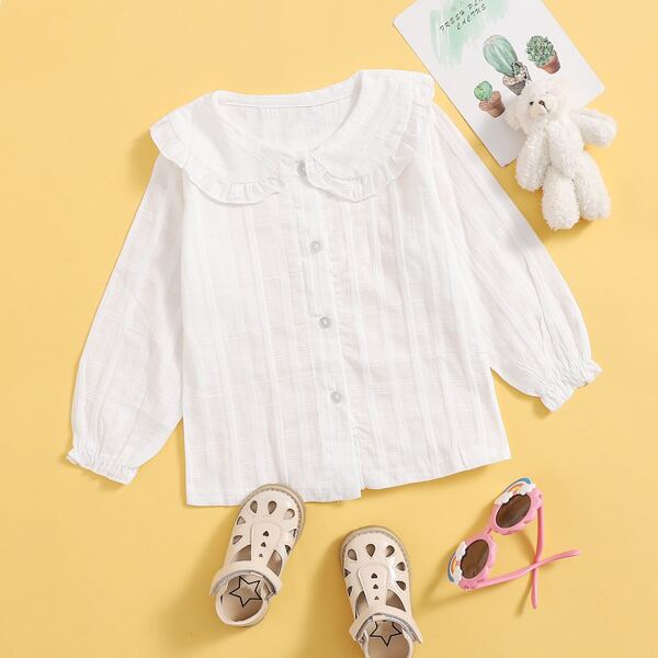 

Toddler Girls Cartoon Embroidery Peter Pan Collar Button Front Blouse, White