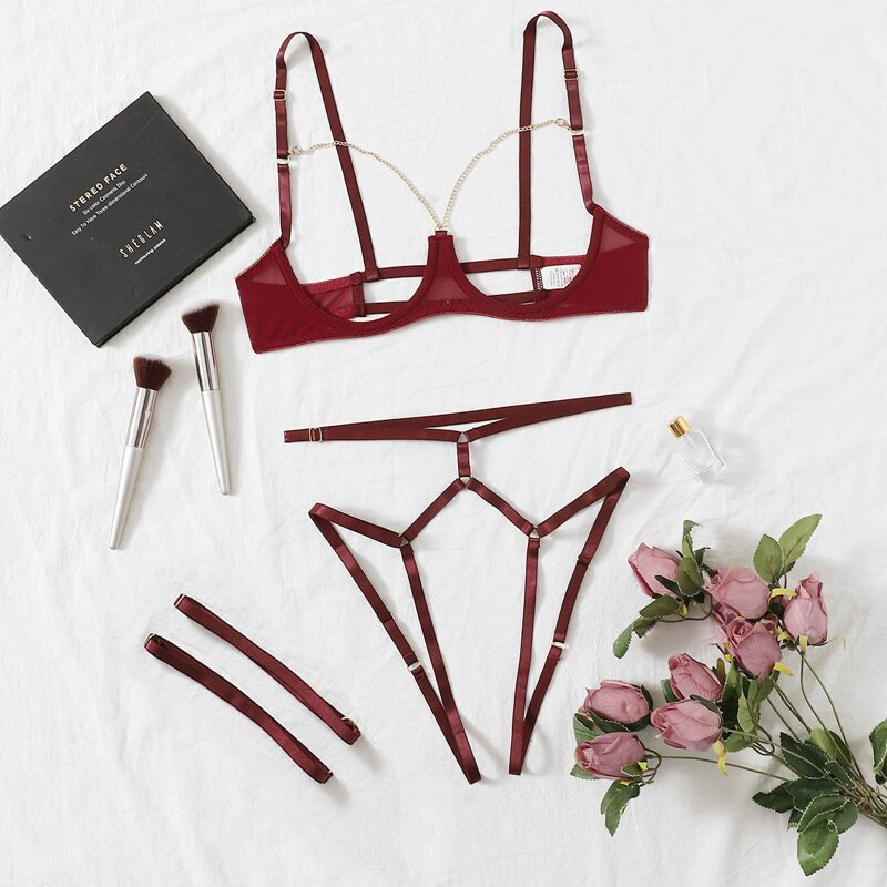 

4pack Mesh Chain Linked Cut-out Underwire Lingerie Set, Burgundy