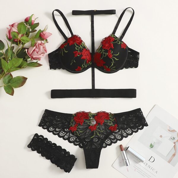 

4pack Floral Embroidered Mesh Underwire Lingerie Set, Black