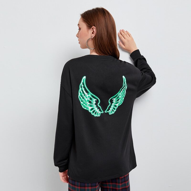 

Wing Print Drop Shoulder Sweatshirt, Black