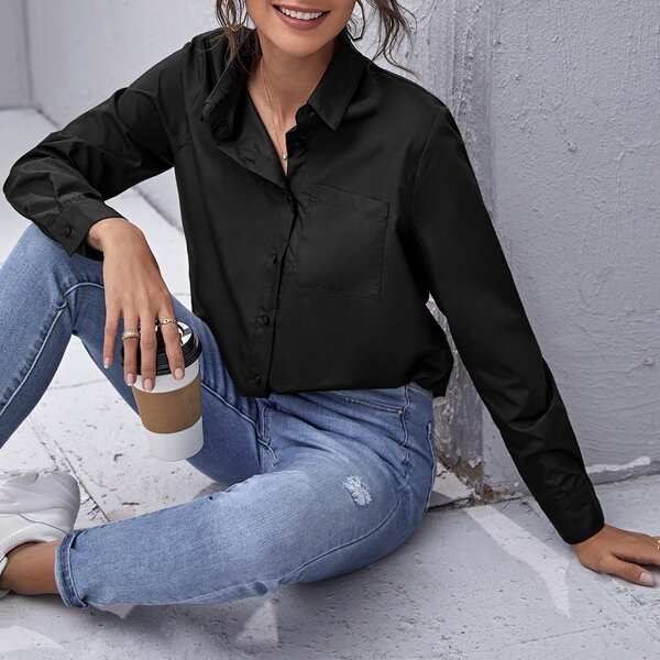 

Pocket Patched Solid Blouse, Black