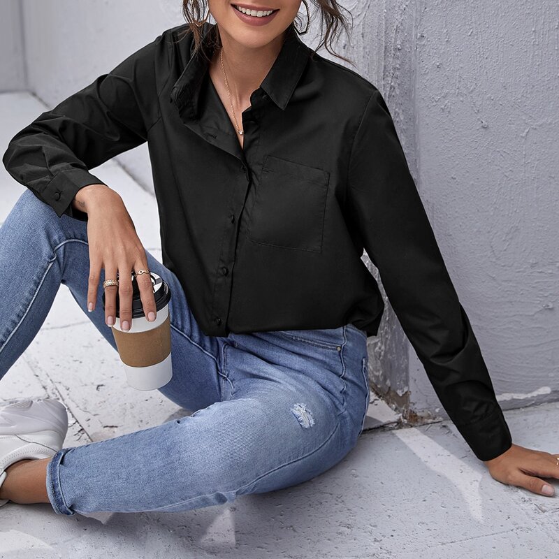 

Pocket Patched Solid Blouse, Black