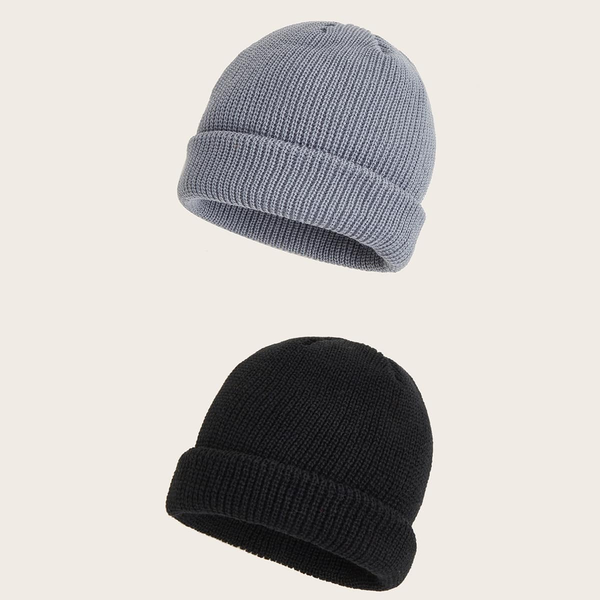 

2pcs Solid Knit Beanie, Multicolor
