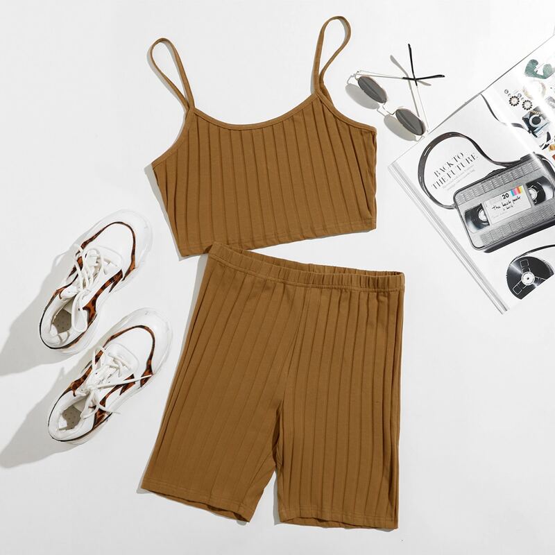 

Solid Crop Cami Top & Biker Shorts Set, Brown