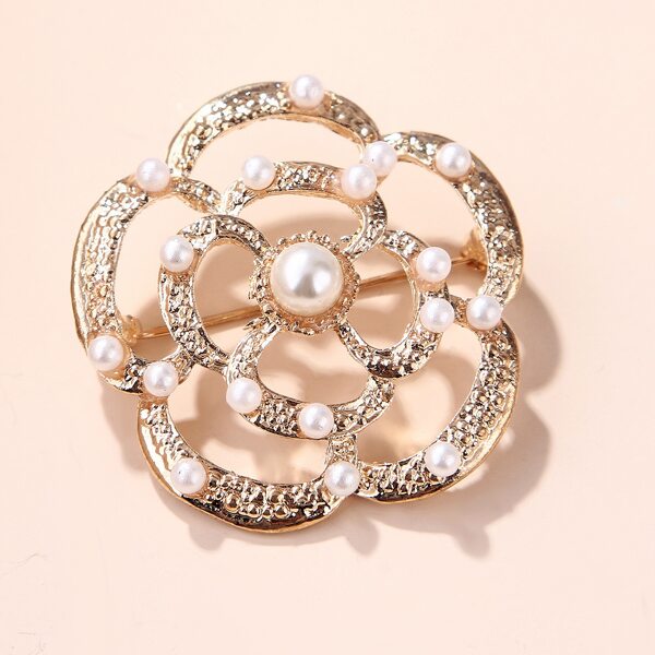

Faux Pearl Decor Hollow Out Brooch, Gold