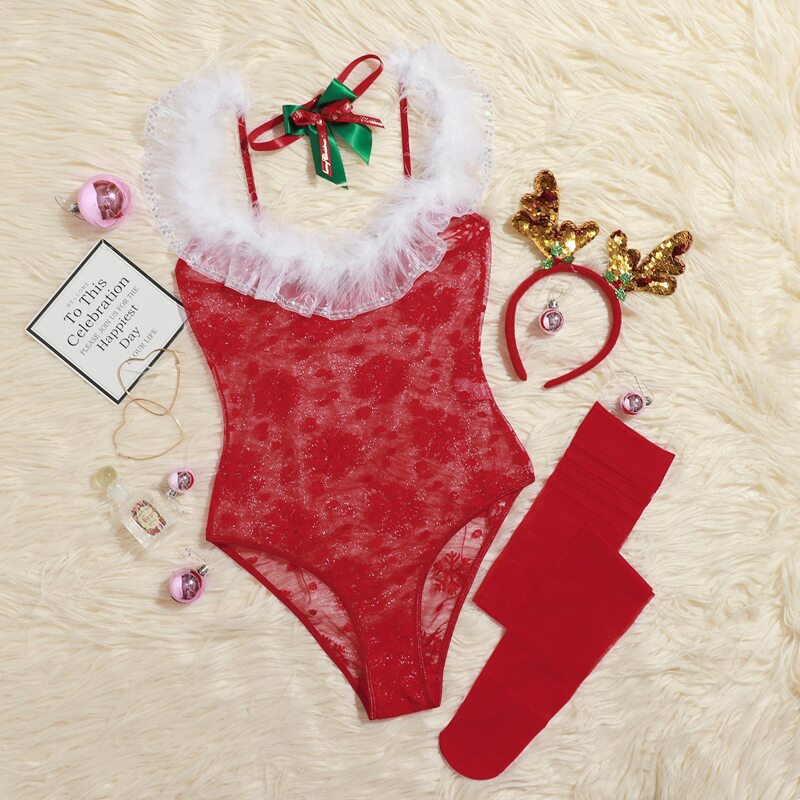 

4pack Snowflake Mesh Costume Teddy Bodysuit & Headband, Red