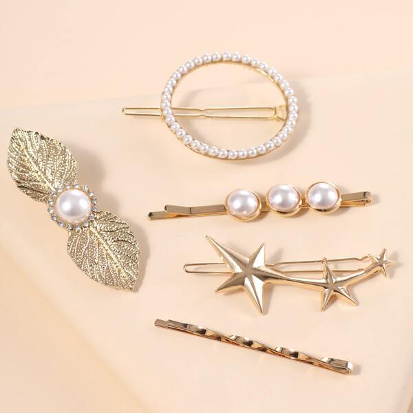 

5pcs Faux Pearl & Leaf Decor Hair Clip, Gold
