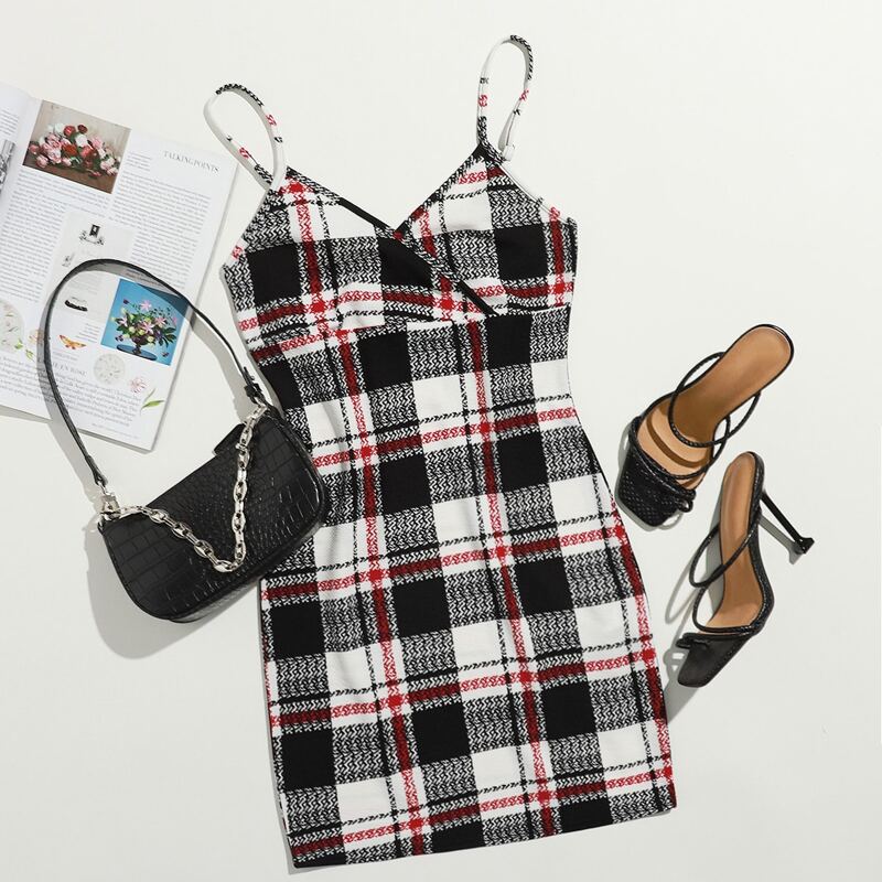 

Surplice Neck Plaid Slip Dress, Black and white