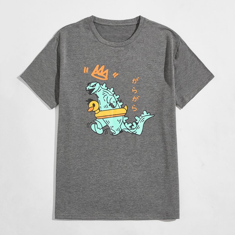 

Men Cartoon And Japanese Letter Graphic Tee, Dark grey