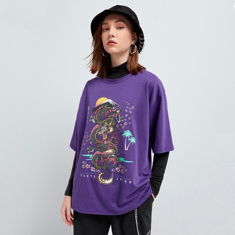 

Chinese Dragon Pattern Oversized Tee, Violet purple