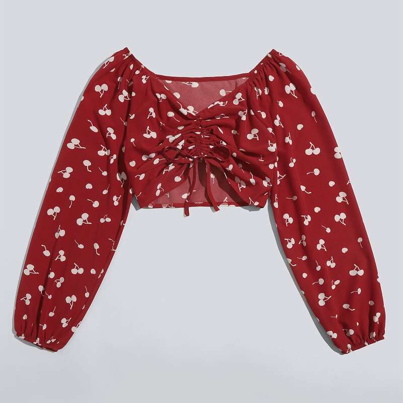 

Cherry Print Drawstring Crop Blouse, Red