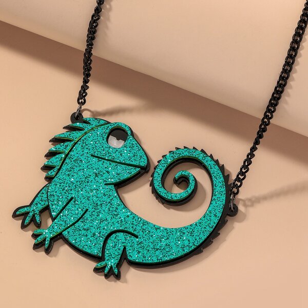 

Glitter Chameleon Pendant Necklace, Green