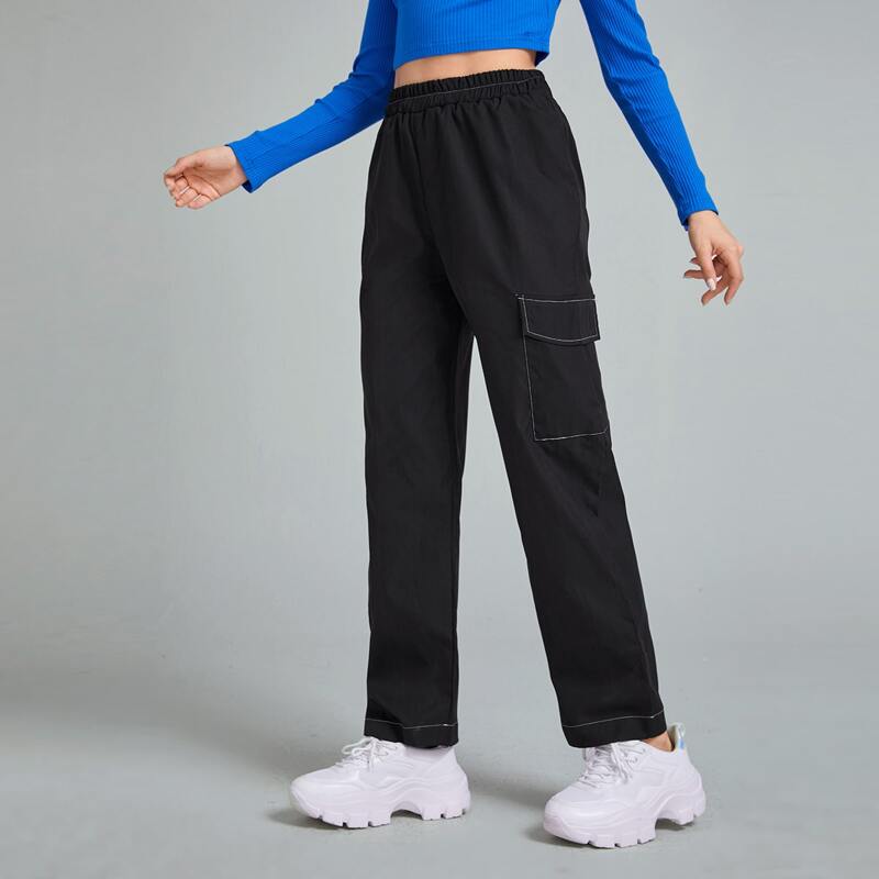 

Contrast Stitching Pocket Pants, Black