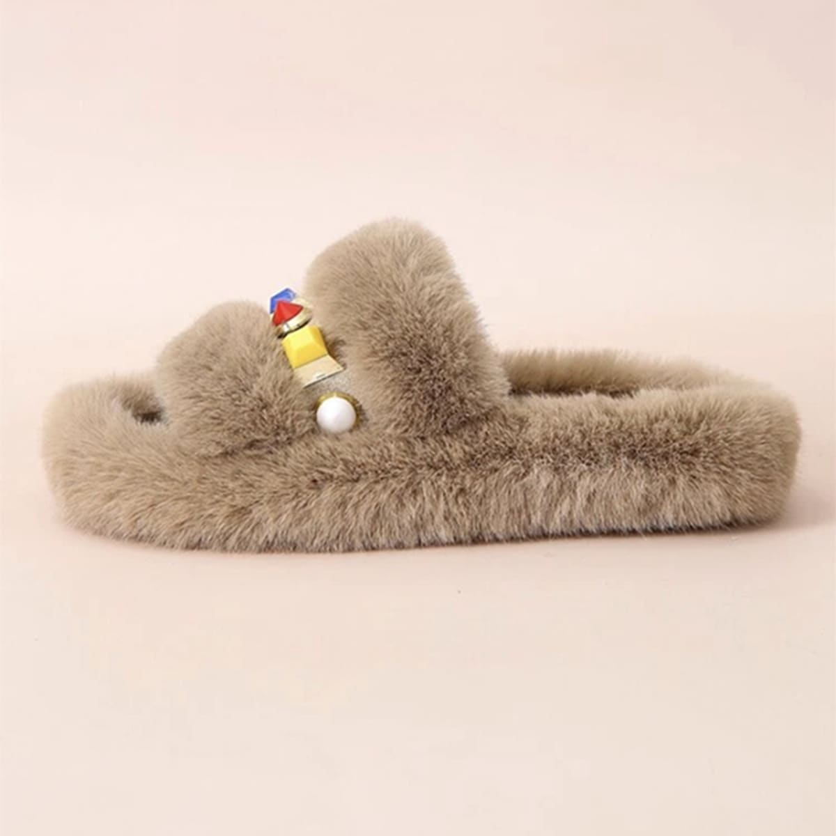 

Gemstone Decor Fluffy Slippers, Khaki