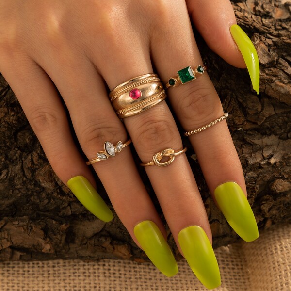 

5pcs Rhinestone Decor Ring, Gold