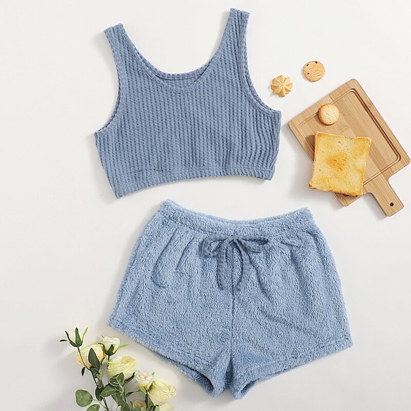 

Waffle Knit Tank Top & Flannel Shorts Lounge Set, Dusty blue