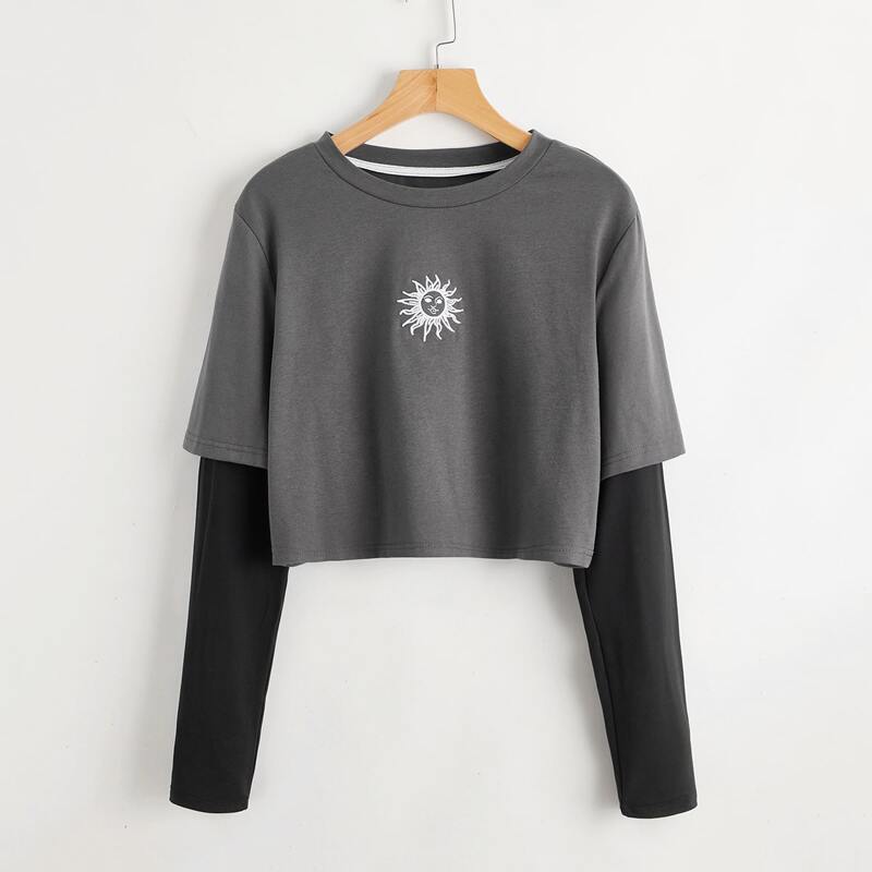 

2 In 1 Sun Embroidery Crop Tee, Dark grey