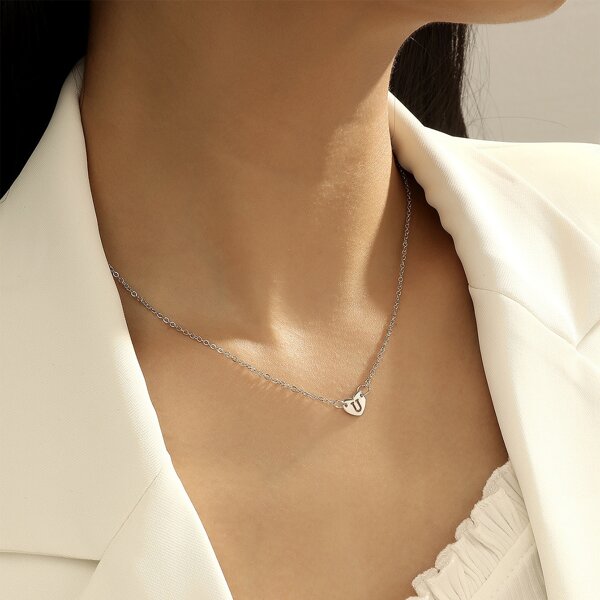 

Letter Design Heart Charm Necklace, Silver
