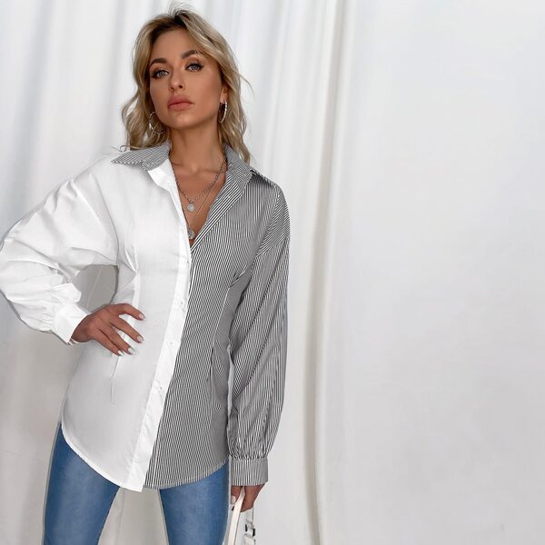 

Collared Fold Pleated Detail Spliced Striped Blouse, Black and white