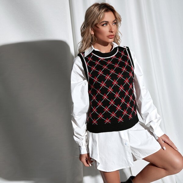 

Striped Trim Graphic Pattern Sweater Vest, Multicolor
