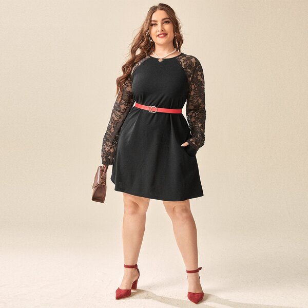

Plus Lace Sleeve Slant Pocket Dress Without Belt, Black