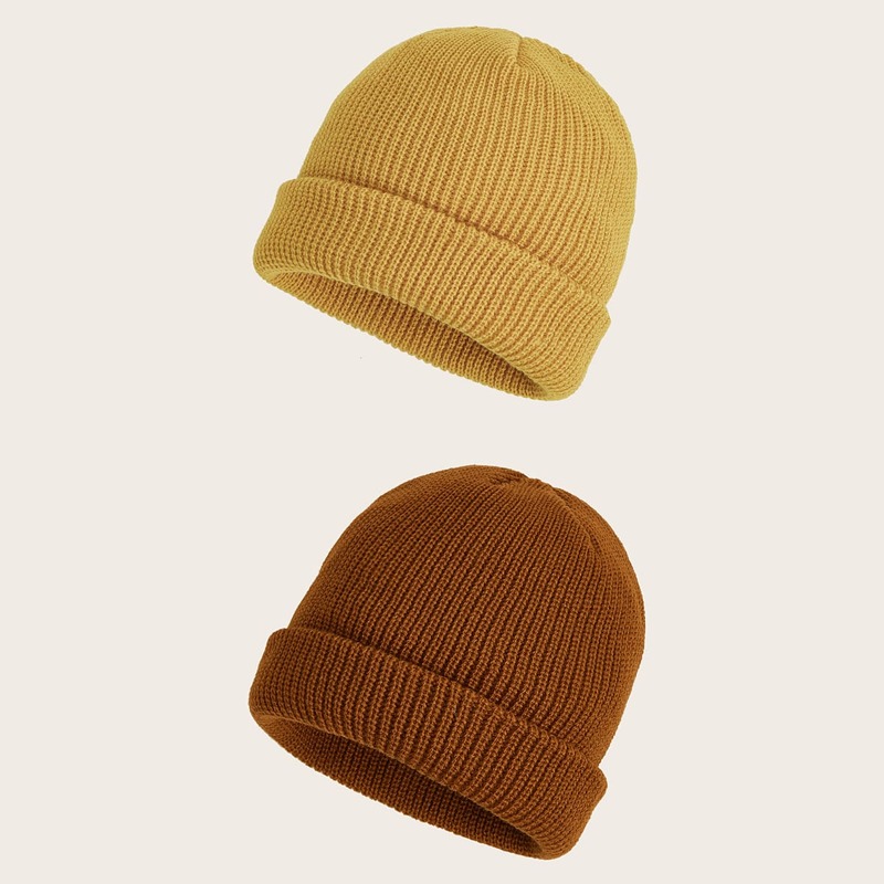 

2pcs solid Cuffed Knit Beanie, Multicolor