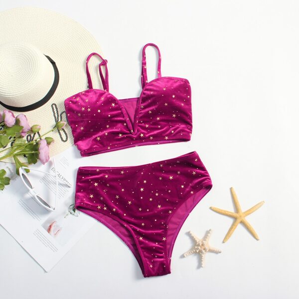 

Star Print Velvet V Wired Bikini Swimsuit, Burgundy
