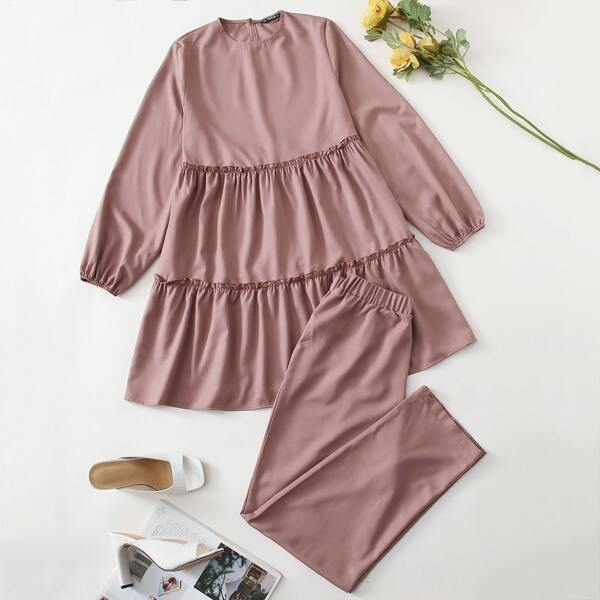 

Solid Ruffle Hem Top & Pants Set, Dusty pink
