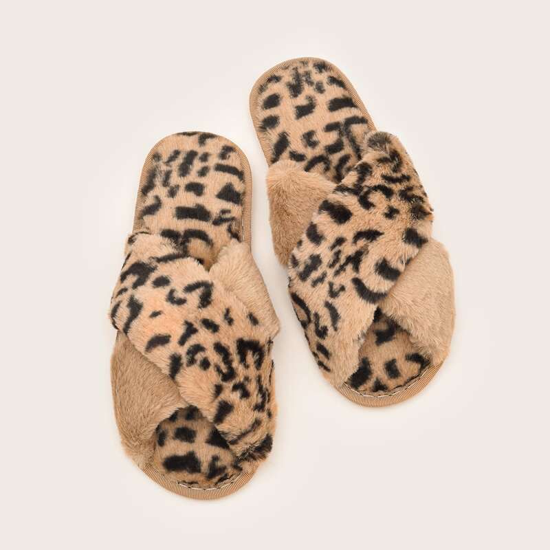 

Leopard Cross Strap Fluffy Slippers, Brown
