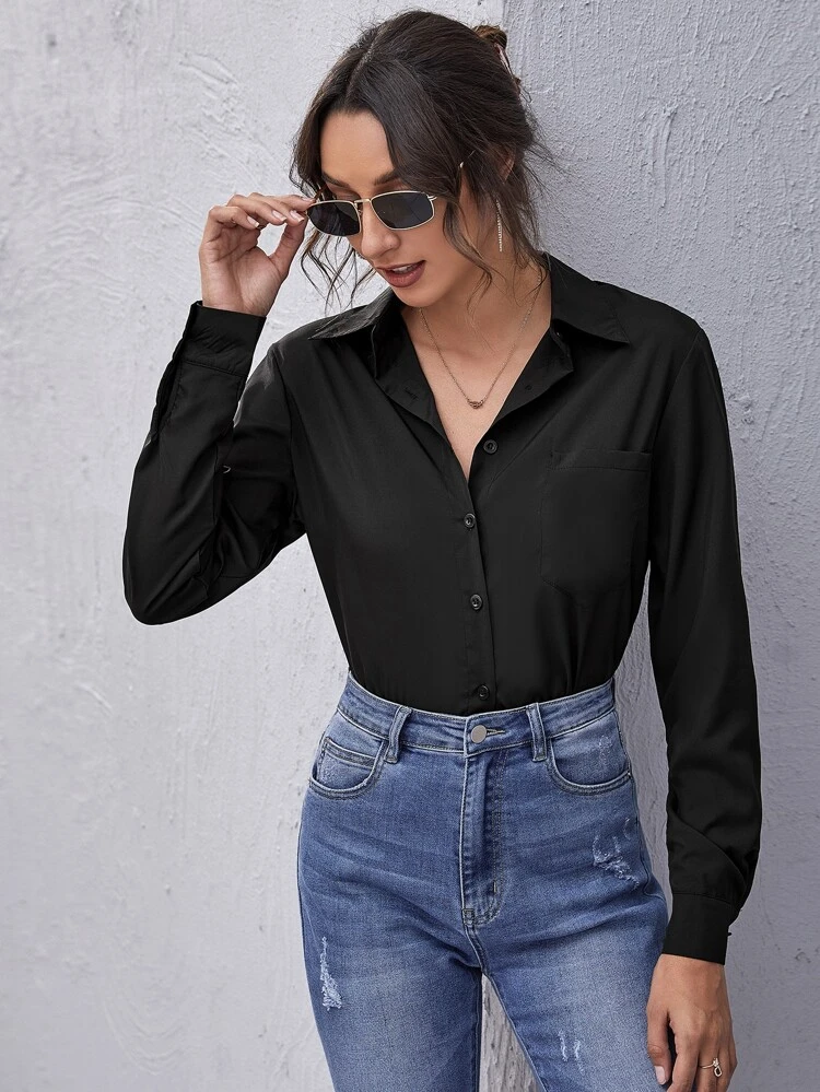 Patch Pocket Button Front Solid Shirt,Long Sleeve Tops Fall Cloth For Women