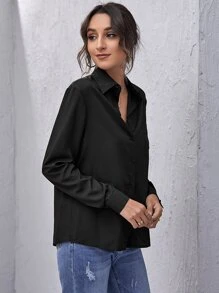 Chiquease Patch Pocket Button Front Solid Shirt,Long Sleeve Tops Fall Cloth For Women