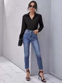 Chiquease Patch Pocket Button Front Solid Shirt,Long Sleeve Tops Fall Cloth For Women