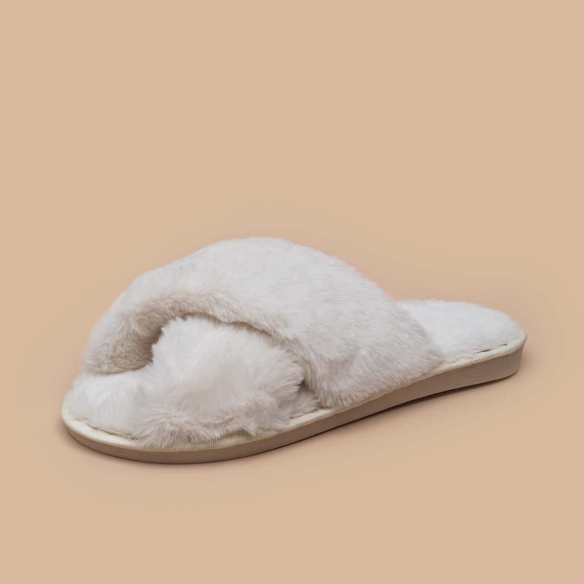 

Solid Cross Strap Fluffy Slippers, White