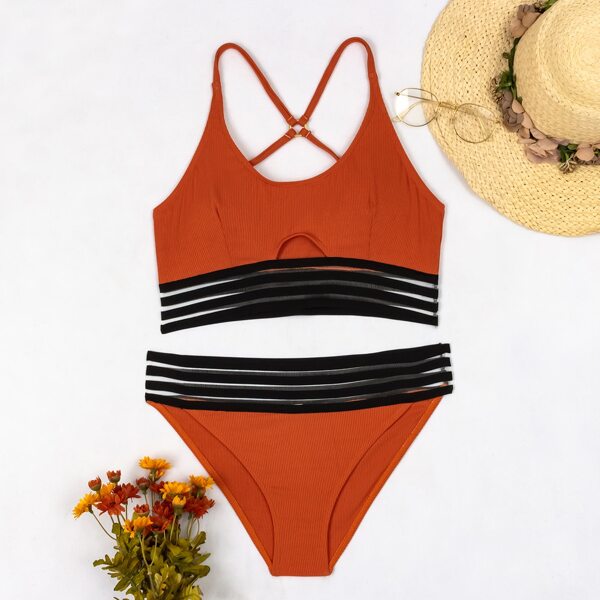 

Rib Contrast Mesh Bikini Swimsuit, Burnt orange
