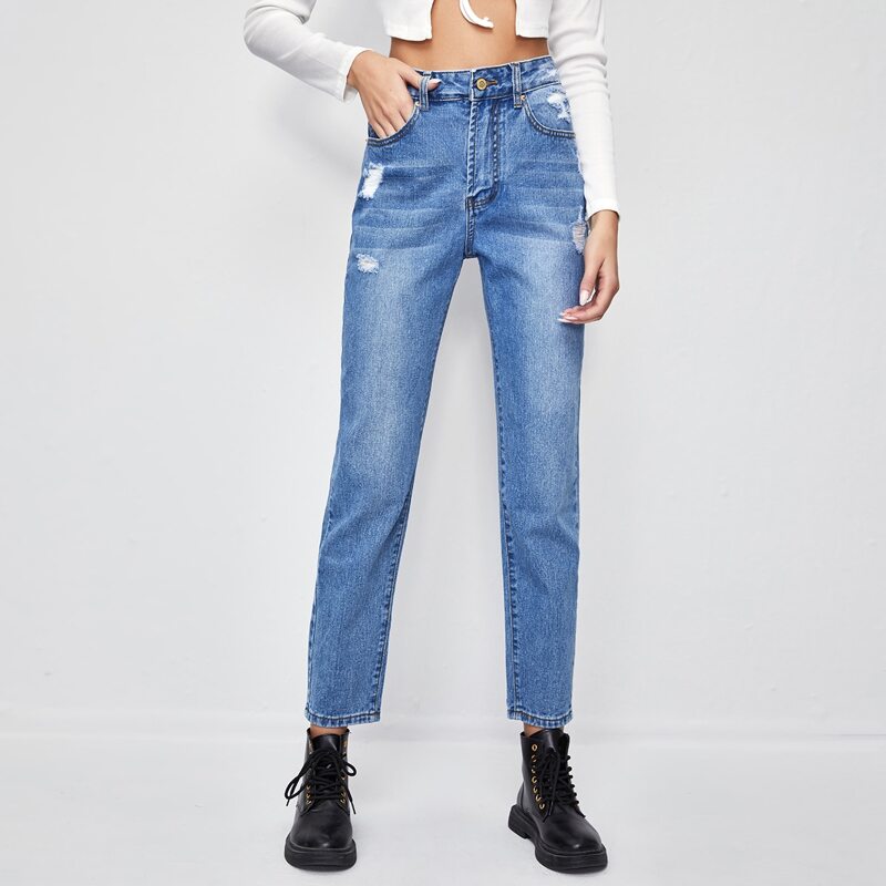 Ripped Cat Whisker High Waist Jeans, Medium wash
